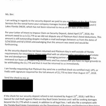 Platinum Key Real Estate Services - A copy of a demand letter sent to Platinum Key after months of them refusing to return our security deposit. - Real Estate Services Near Me - Tampa, Florida Platinum Key Real Estate Services - A copy of a demand letter sent to Platinum Key after months of them refusing to return our security deposit. - Real Estate Services Near Me - Tampa, Florida