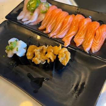 Umami - Uni, Aomori Scallop (2pcs), Salmon (2 pcs), Yuzu Yellow Tail (2pcs) - Japanese Near Me - Las Vegas, Nevada Umami - Uni, Aomori Scallop (2pcs), Salmon (2 pcs), Yuzu Yellow Tail (2pcs) - Japanese Near Me - Las Vegas, Nevada
