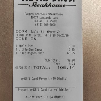 Pappas Bros. Steakhouse - Bill - Steakhouses Near Me - Dallas, Texas