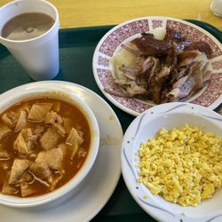 Latino's Kitchen - Tripe soup, scrambled eggs, pork and yucca and coffee. Yummy in da tummy!