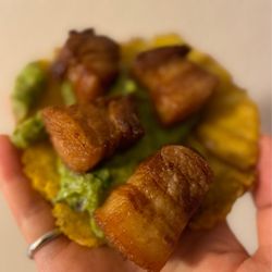 La Chiva - Close up of Patacones Montados (Chicharron)
