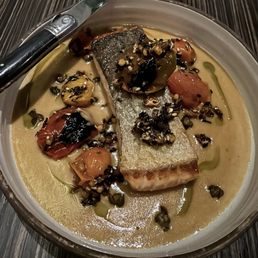 Salmon with beurre blanc, furikake, blistered tomatoes