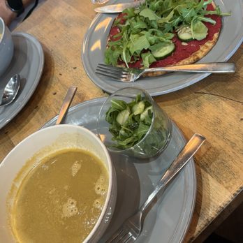Oromo Cafe - Lentil Soup (12oz) - (not enough soup, very very thin broth) and Beet Hummus "Sandwich" - Coffee & Tea Near Me - Chicago, Illinois