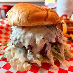 But not a real green dress-- That's cruel  Half Off Half-Birthday Offer  Queso Que Sera Burger Combo from #MooyahBurgersUpland