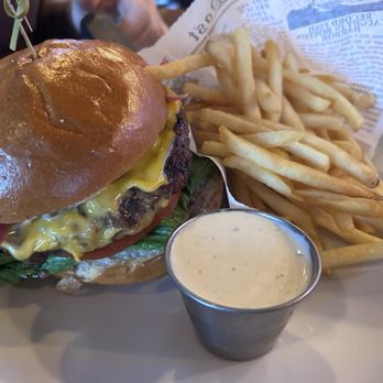 The Post - Rock burger with fries and a side of ranch - Bars Near Me - Villa Park, California