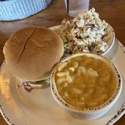 Pulled pork, Mac and cheese plus coleslaw.