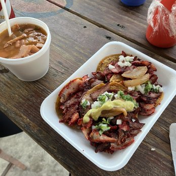 Tacos La Sultana - Trompo tacos and especial beans, cheap all this for under $10 - Tacos Near Me - Houston, Texas Tacos La Sultana - Trompo tacos and especial beans, cheap all this for under $10 - Tacos Near Me - Houston, Texas