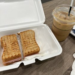 Hygge Coffee - Ham and cheese panini, toffee nut ice coffee