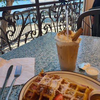 Belgian Waffle Works - Brussels Belgian Monte Cristo style waffle and a Belgian Coffee - Burgers Near Me - Lake Arrowhead, California