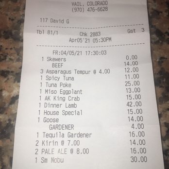 Matsuhisa - Bill - prices - Japanese Near Me - Vail, Colorado