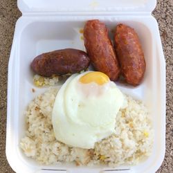 Seafood Ranch Grill - Breakfast Combo Meal - One Item Meal - Longanisa (aka: sweet sausage)  $11.99 - Comes with fried egg & garlic fried rice.  (Above View)