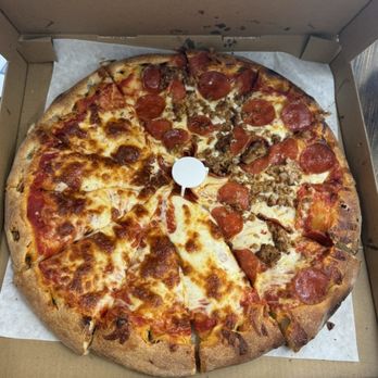 Pizza Time - Large pizza 12 thin slices thick bread Sicilian style half cheese half pepperoni and sausage $26 - Pizza Near Me - Monterey Park, California