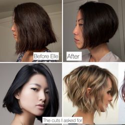 Before my hair cut with Elle, after, and a couple looks at the haircuts I was asking for.