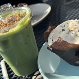 Matcha with vegan lemon poppy muffin