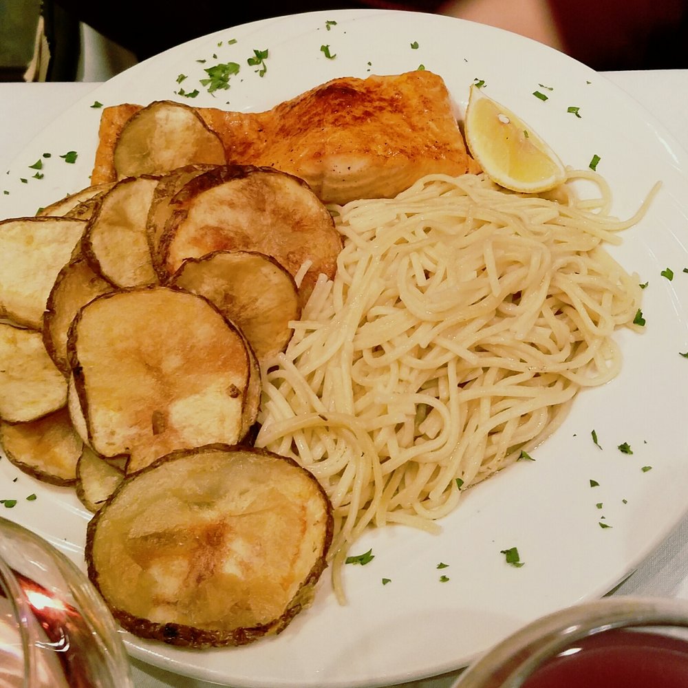 Atlantic Manor - Grilled salmon with Spanish chips, and spaghetti. - Portuguese Near Me - Ogdensburg, New Jersey