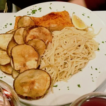 Atlantic Manor - Grilled salmon with Spanish chips, and spaghetti. - Portuguese Near Me - Ogdensburg, New Jersey