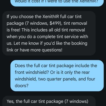 Jet Black Tint - My conversation with an AI chat agent confirming the $499 price I had with an on-phone rep. - Car Window Tinting Near Me - Fairfield, California