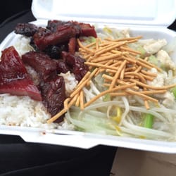 Liu's Garden - Chicken chow mein lunch combo with white rice and boneless spareribs.