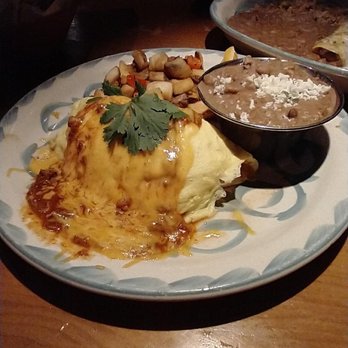Lupe Tortilla Mexican Restaurant - Barbacoa Omelette, Refried Beans and Potatoes - Mexican Near Me - Addison, Texas