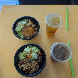 Teriyaki beef and chicken, teriyaki salmon and chicken with some Boba tea drinks