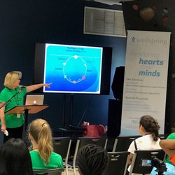 Wellspring President, Tova Kreps, LCSW provides trauma resolution talk for youth at Bounce! summer trauma resolution program.