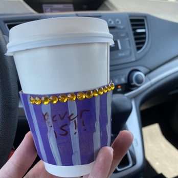 Harrington House - 12 Oz latte with a coffee sleeve made by the local elementary school - Beer, Wine & Spirits Near Me - Bakersfield, California