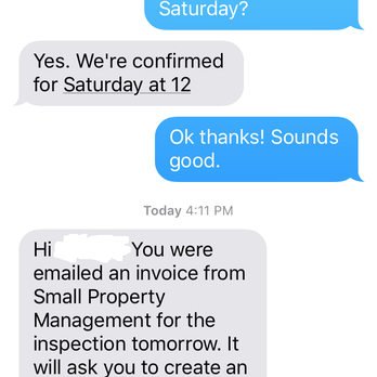 Small Property Management - This text to ask for payment was sent 1st. The next text I received was him cancelling. - Property Management Near Me Small Property Management - This text to ask for payment was sent 1st. The next text I received was him cancelling. - Property Management Near Me
