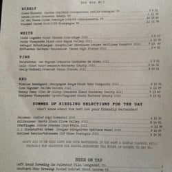 Camerata at Paulie's - Cheeky look at the simpler 'by the glass' menu. The main menu is much wordier and stacked with choices.