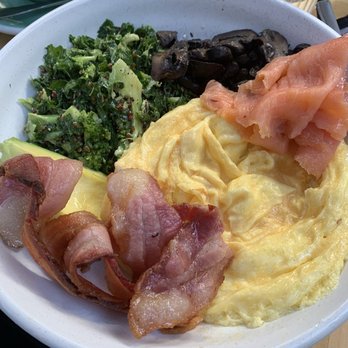 Banter - Soft scrambled Golden Folded Eggs, marinated mushrooms, smoked salmon, thick cut bacon, kale salad. - Breakfast & Brunch Near Me - New York, New York Banter - Soft scrambled Golden Folded Eggs, marinated mushrooms, smoked salmon, thick cut bacon, kale salad. - Breakfast & Brunch Near Me - New York, New York