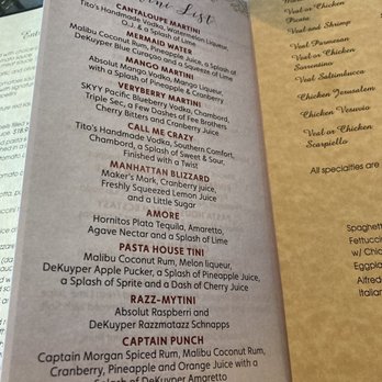 Pasta House - Martini menu - Italian Near Me - Pinetop, Arizona