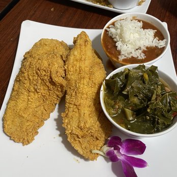 Gumbo King - Fried Catfish (red snapper was a choice as well) Turkey Greens and Red Beans and Rice - Comfort Food Near Me - Sacramento, California