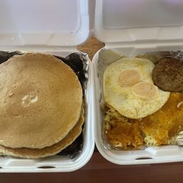 Full stack of pancakes combo, eggs over easy & a sausage patty w a side of hash browns. Full stack of pancakes combo, eggs over easy & a sausage patty w a side of hash browns.