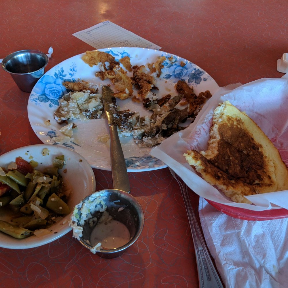 I got the fried whitefish, came with a little Cole slaw, Italian style green beans, baked potato and fried cornbread. I got the fried whitefish, came with a little Cole slaw, Italian style green beans, baked potato and fried cornbread.