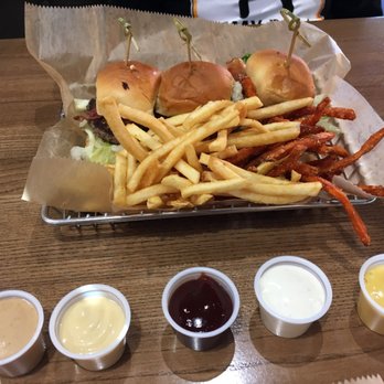 Burger 21 - Albuquerque - Bacon cheese sliders with 1/2 French and 1/2 sweet potato fries. So many delicious sauces to sample! - Burgers Near Me - Albuquerque, New Mexico Burger 21 - Albuquerque - Bacon cheese sliders with 1/2 French and 1/2 sweet potato fries. So many delicious sauces to sample! - Burgers Near Me - Albuquerque, New Mexico