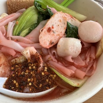 Yai Restaurant - Seafood Noodle Soup (Yentafo ) with pink/reddish seafood broth. The color is from the bean curd and tomato sauce mix. Delicious! - Thai Near Me - Los Angeles, California Yai Restaurant - Seafood Noodle Soup (Yentafo ) with pink/reddish seafood broth. The color is from the bean curd and tomato sauce mix. Delicious! - Thai Near Me - Los Angeles, California