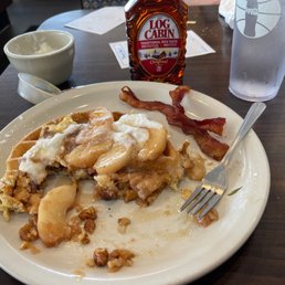 Pecan topped Belgian Waffle with grilled apple slices a warm caramel sauce topped with whipped cream!    I would highly recommend this!