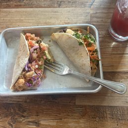 Bahn mi taco and fish taco, blackberry margarita