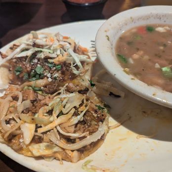 El Chico - Chicken Cascabel + Carnitas tacos, double frijoles (instead of rice and refried beans) - Mexican Near Me - Texarkana, Arkansas El Chico - Chicken Cascabel + Carnitas tacos, double frijoles (instead of rice and refried beans) - Mexican Near Me - Texarkana, Arkansas