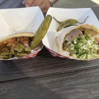 Gorditas La Baja - The left is chiccarron con nopales in red salsa. The right is chiccarron with green salsa. - Mexican Near Me - Norwalk, California