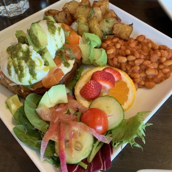 Tryzub Ukrainian Kitchen - Salmon & Avocado Whole Wheat Toast w Poached Eggs - Ukrainian Near Me - Chicago, Illinois