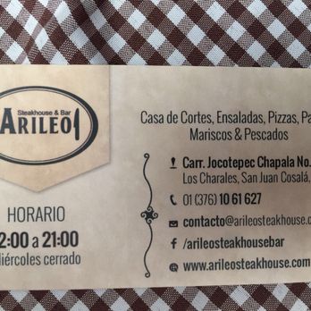 Arileo Restaurant - Business card for Arileo - Steakhouses Near Me - San Juan Cosalá, JAL Arileo Restaurant - Business card for Arileo - Steakhouses Near Me - San Juan Cosalá, JAL