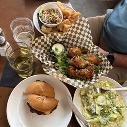 All American burger w/a gluten free bun! Caesar salad (no croutons), my Fiance got ahi bites & sesame chicken wings!! (Not gf).