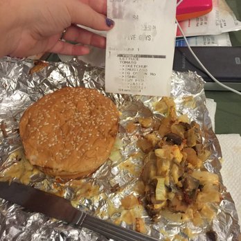 Five Guys - The PILE of onions I have to scrape off almost every time. As you can see, the order says NO onions. This happens 90% of the time. - Burgers Near Me - Lynnwood, Washington