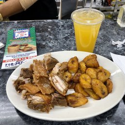 Photo of 188 Bakery Cuchifritos - Bronx, NY, United States. $16 for half pound of Chicharon with Sweet Plantains and a Passion Fruit juice