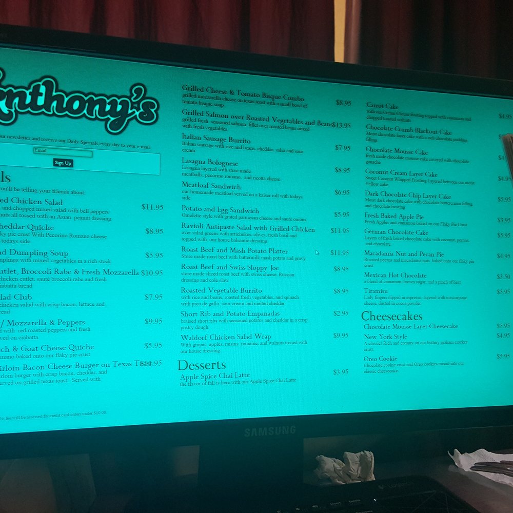 Anthony's Cheesecake - Daily specials.....sign up for it....they have it on a monitor...not hard paper...so sign up and prepare yourself - American Near Me - Bloomfield, New Jersey Anthony's Cheesecake - Daily specials.....sign up for it....they have it on a monitor...not hard paper...so sign up and prepare yourself - American Near Me - Bloomfield, New Jersey
