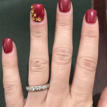 Pro Nails - Matte red with gold rhinestones. Love - Nail Salons Near Me - Pacifica, California