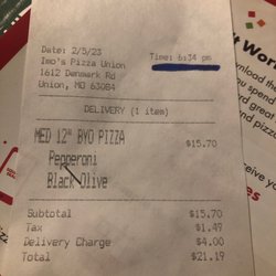 Imo's Pizza - Receipt-  overcharged for $11.99 two-topping medium pizza
