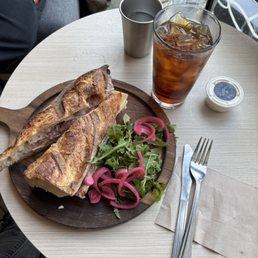 Cold brew and salami and cheese sandwich. Cold brew and salami and cheese sandwich.