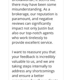 A screenshot of a Yelp conversation with Brick & Mortar, a real estate agency in Brooklyn, NY, showing a response to a negative review.