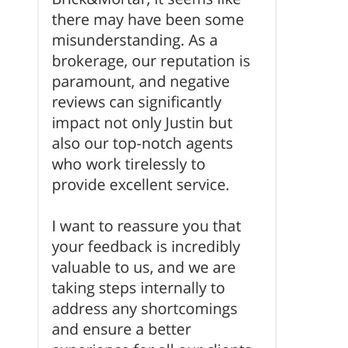 Brick & Mortar - A screenshot of a Yelp conversation with Brick & Mortar, a real estate agency in Brooklyn, NY, showing a response to a negative review. - Real Estate Services Near Me - Brooklyn, New York
